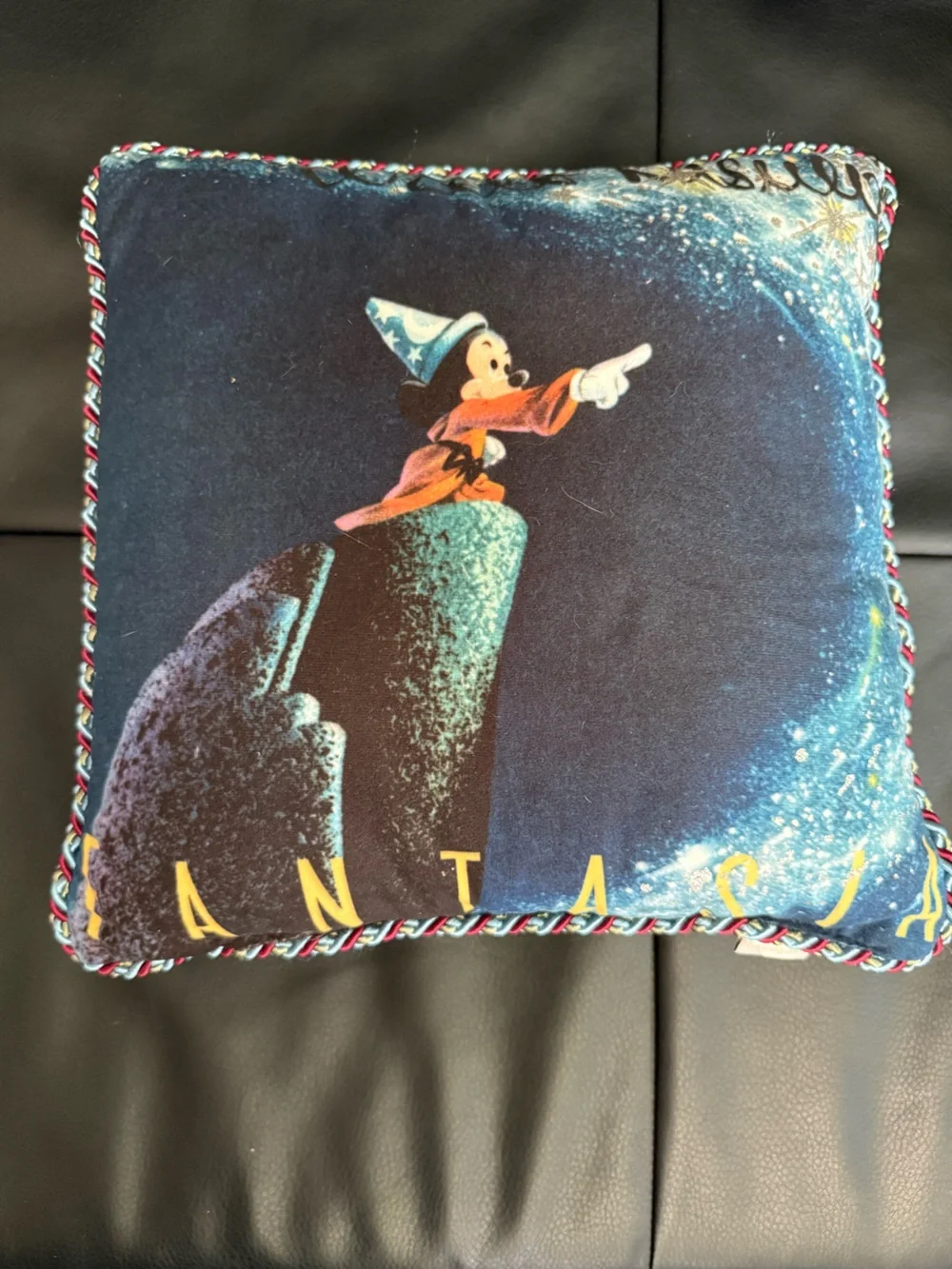 2006 RARE Disney Shopping Fantasia Sorcerer Mickey POSTER ART PILLOW Braid EUC